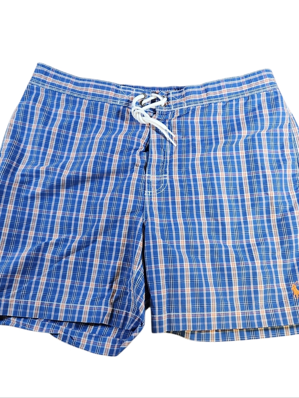 Polo Ralph Lauren Swim Trunks Shorts Mens L Blue Orange White Plaid Mesh Lined